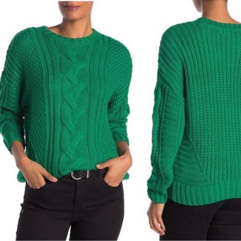 One A Kelly Green Chunky Cable Knit Crewneck Sweater - Small